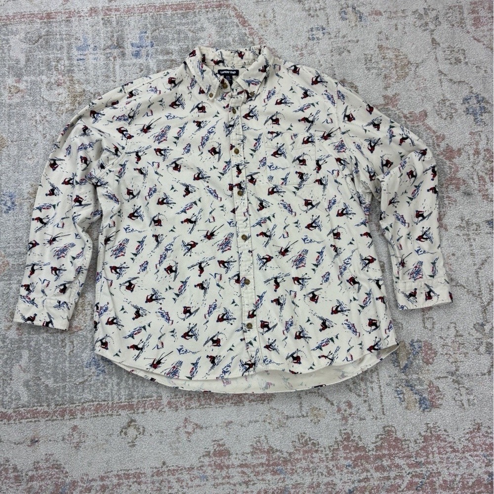 Lands End Mens Shirt XL All Over Print Ski Skier Cabincore Gorpcore Vintage 90s